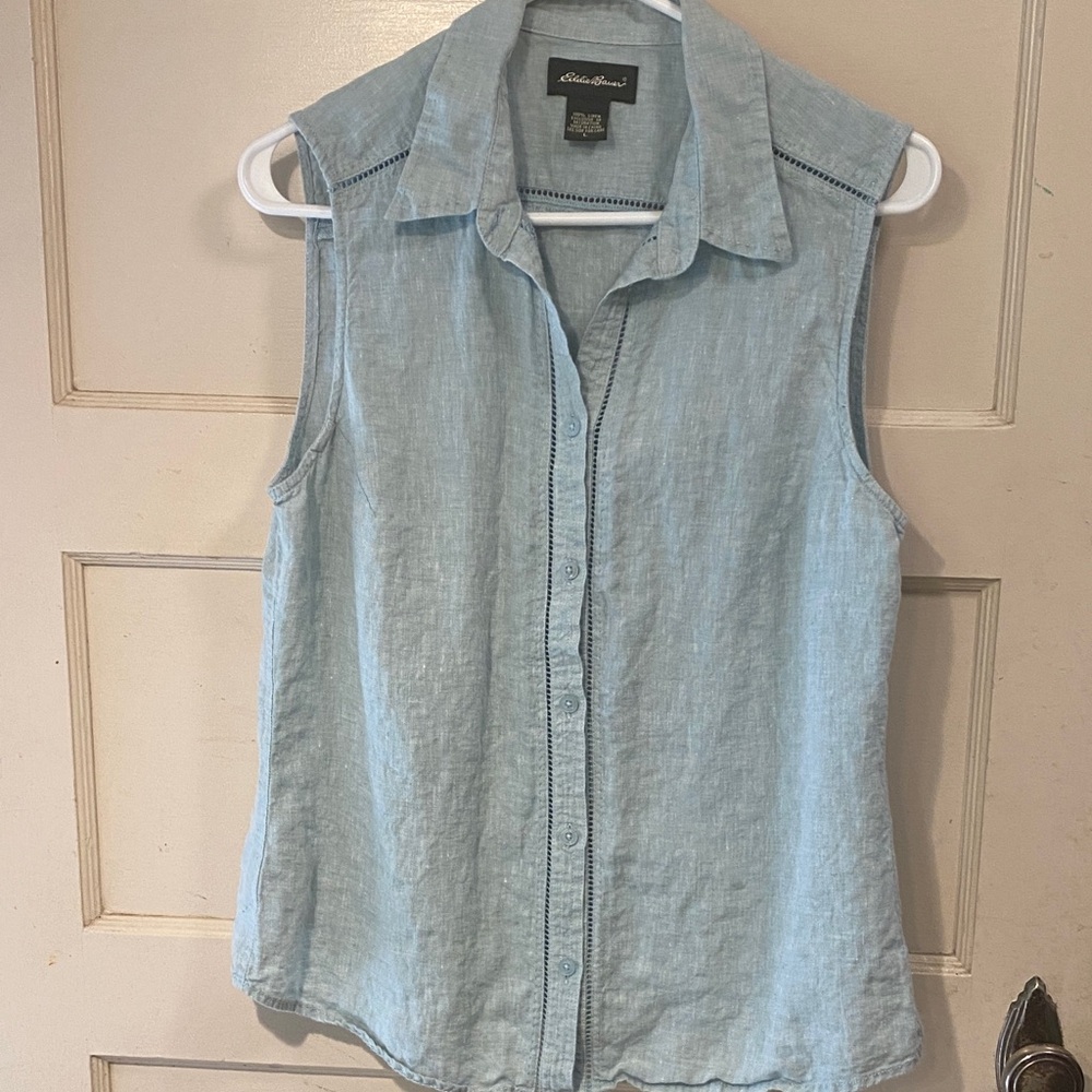 Eddie Bauer Light Blue Linen Sleeveless Button-Down Shirt Size L